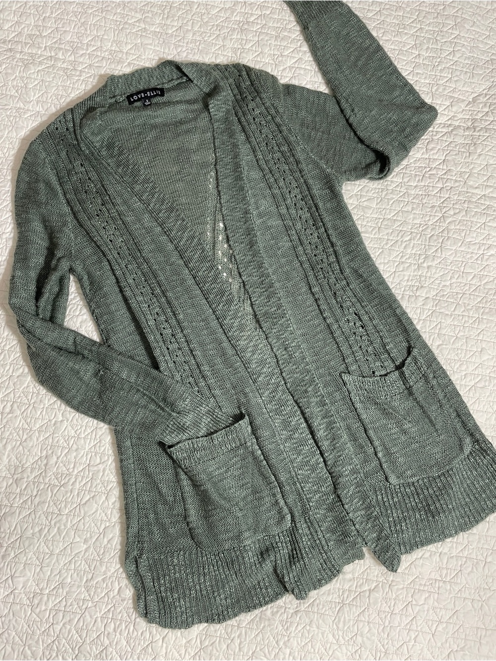 Love, Fire Sage Open-Front Knit Cardigan